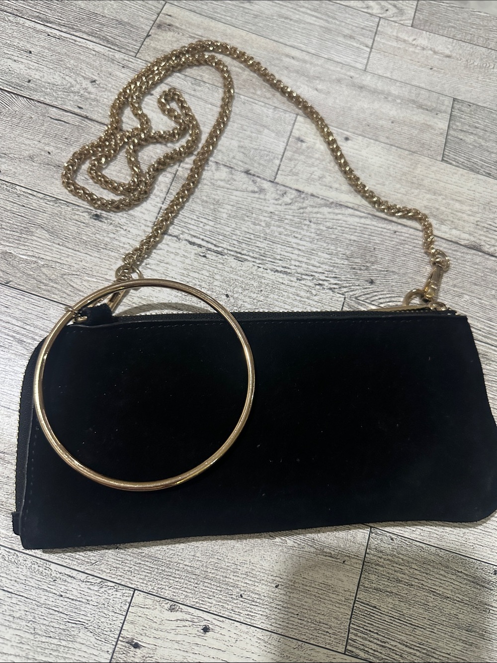 Zara Black Suede Clutch with Gold Chain and Ring